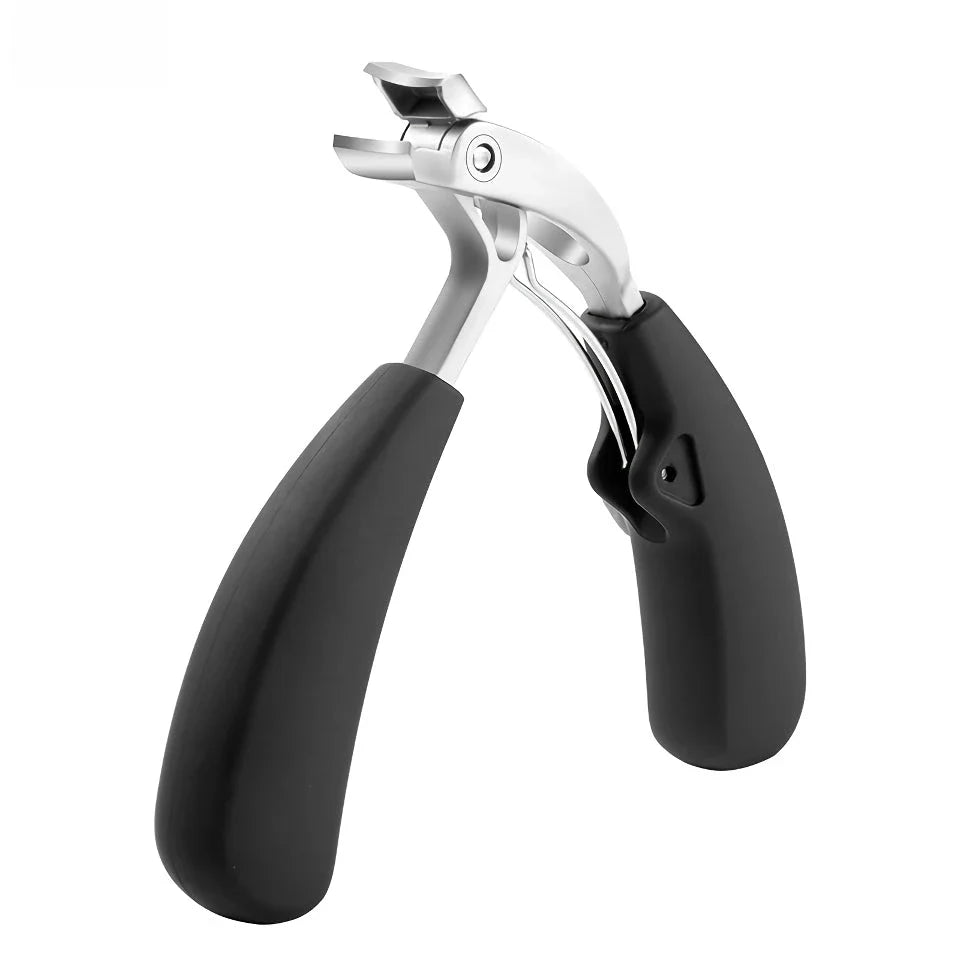 Heavy-duty curved nail clippers made of stainless steel with anti-splash storage for managing thick toenails and providing comfortable nail care for the elderly