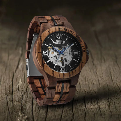 Premium handcrafted wooden automatic watch with intricate mechanical movement and natural wood strap