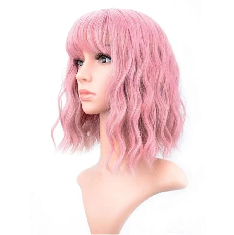 A premium curly wig with natural-looking waves and customisable air bangs, crafted with high-quality artificial hair fibres for a versatile and long-lasting style.