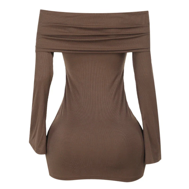 Trendha Slim-Fit Pleated Off-Shoulder Dress in Brown with Long Sleeves