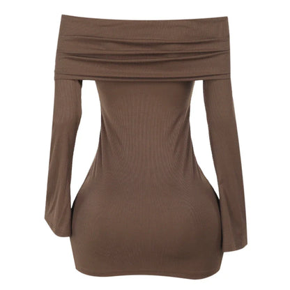 Trendha Slim-Fit Pleated Off-Shoulder Dress in Brown with Long Sleeves