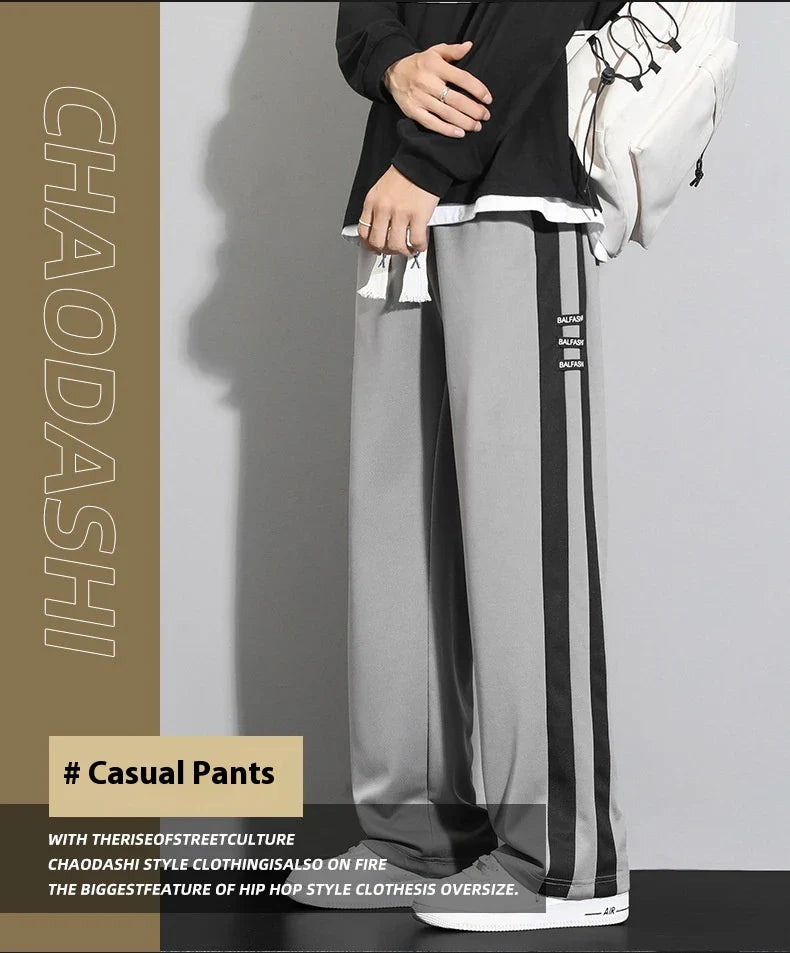 Comfortable striped straight-leg casual trousers in various colours and sizes