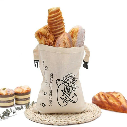Organic cotton bread bag with dual-layer design for enhanced insulation and moisture control, preserving the freshness of homemade or artisanal breads.