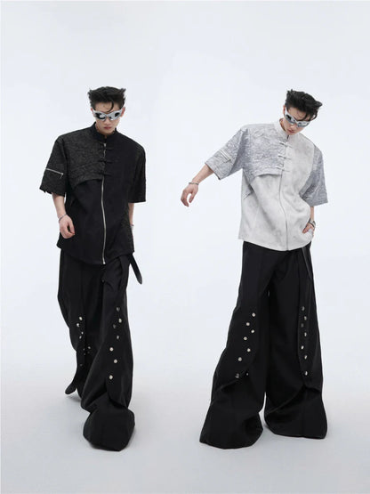 Buckle Design Sense Padded Shoulder Short Sleeve Loose T-shirt in black and white colours