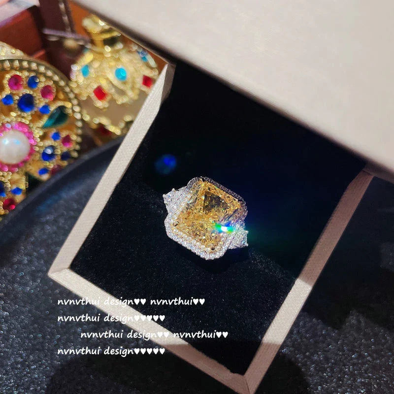 925 Sterling Silver Goose Yellow Gemstone Flower Ring with High-Carbon Diamond Accents