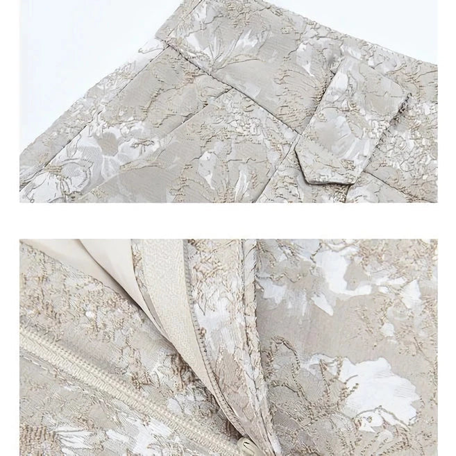 Elegant high-waisted floral jacquard A-line shorts with chic metal buttons, perfect for any occasion