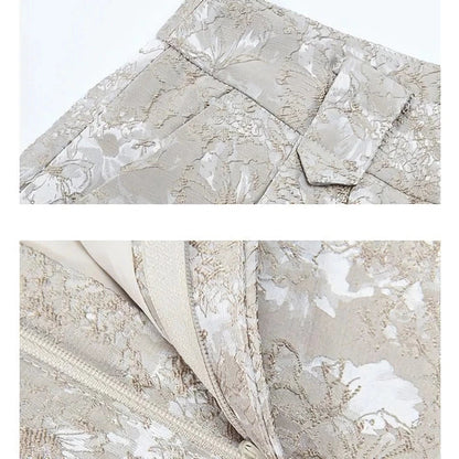 Elegant high-waisted floral jacquard A-line shorts with chic metal buttons, perfect for any occasion