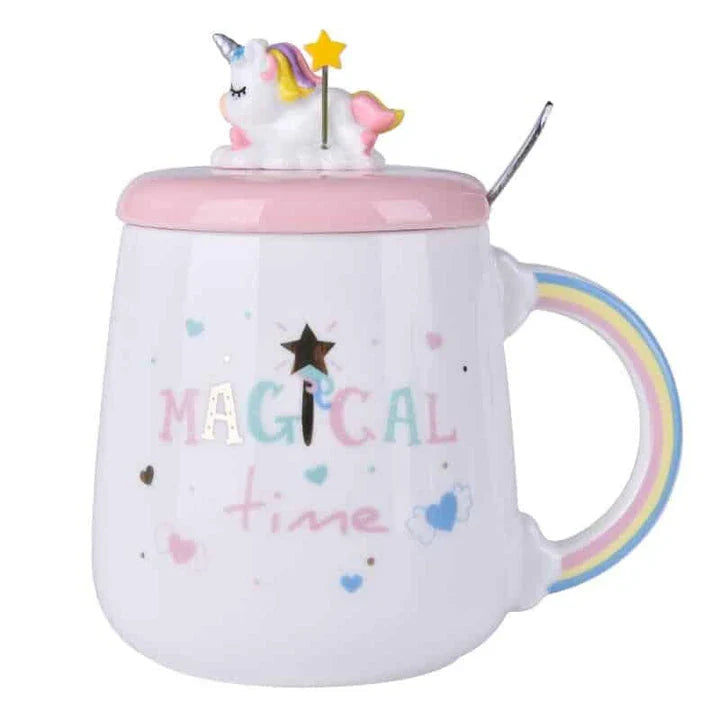 Premium ceramic unicorn coffee mug with 3D lid and stainless steel spoon for a magical daily beverage experience