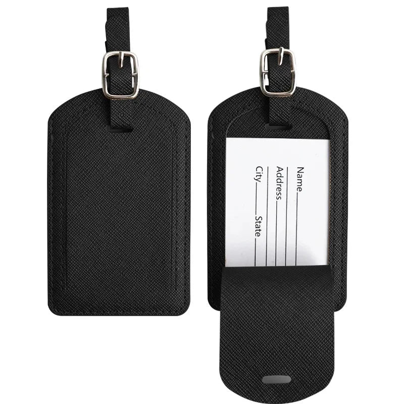 Premium PU leather luggage tag with secure strap and compact design for modern travellers