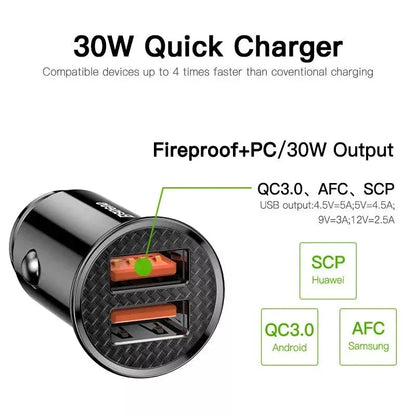 High-Performance 30W Dual-Port Fast Car Charger with USB and USB-C ports for lightning-fast charging on the go