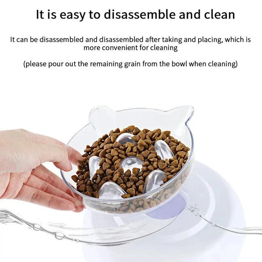 A white 15-degree inclined pet bowl with a non-slip stand, designed to provide a comfortable and healthy mealtime experience for cats and small dogs.