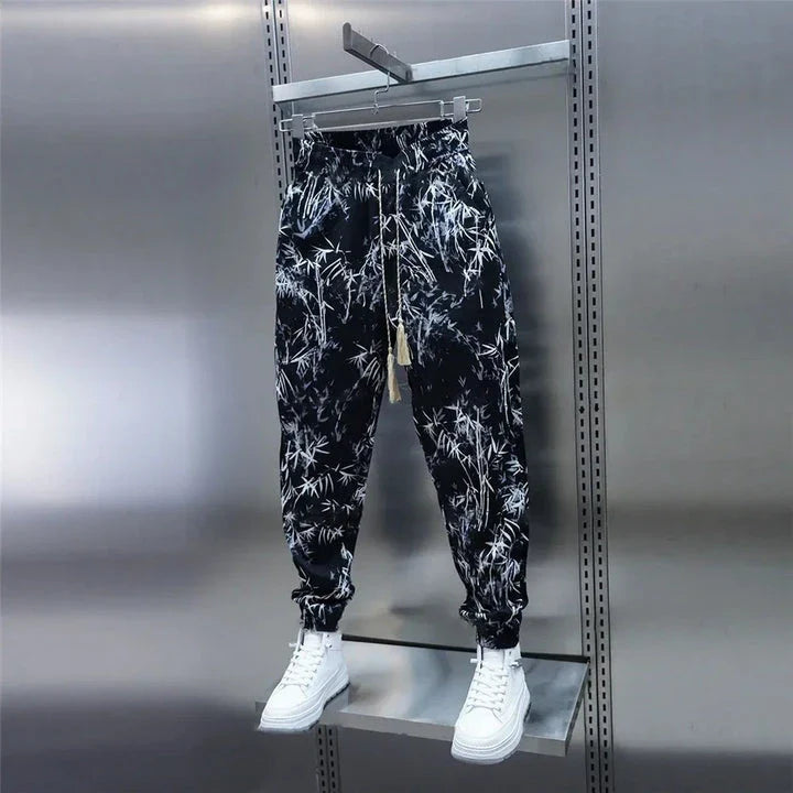 Men's Summer Harem Pants with Floral Print - Relaxed Fit, Lightweight Ice Silk Fabric, Drawstring Waist