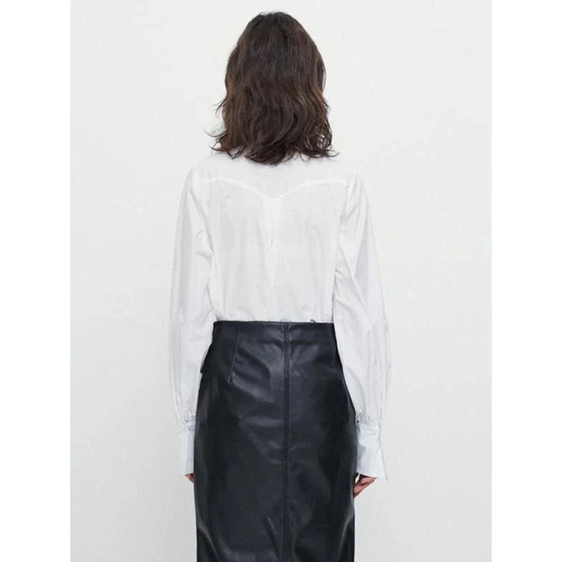 Elegant lace bow blouse for women, featuring a high collar, single-breasted closure, and full sleeves for a refined, versatile look.