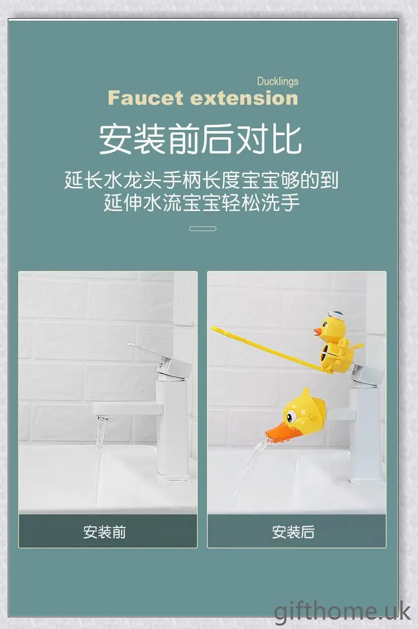 A yellow duck-shaped faucet extender that elevates a child's hand-washing experience at the sink