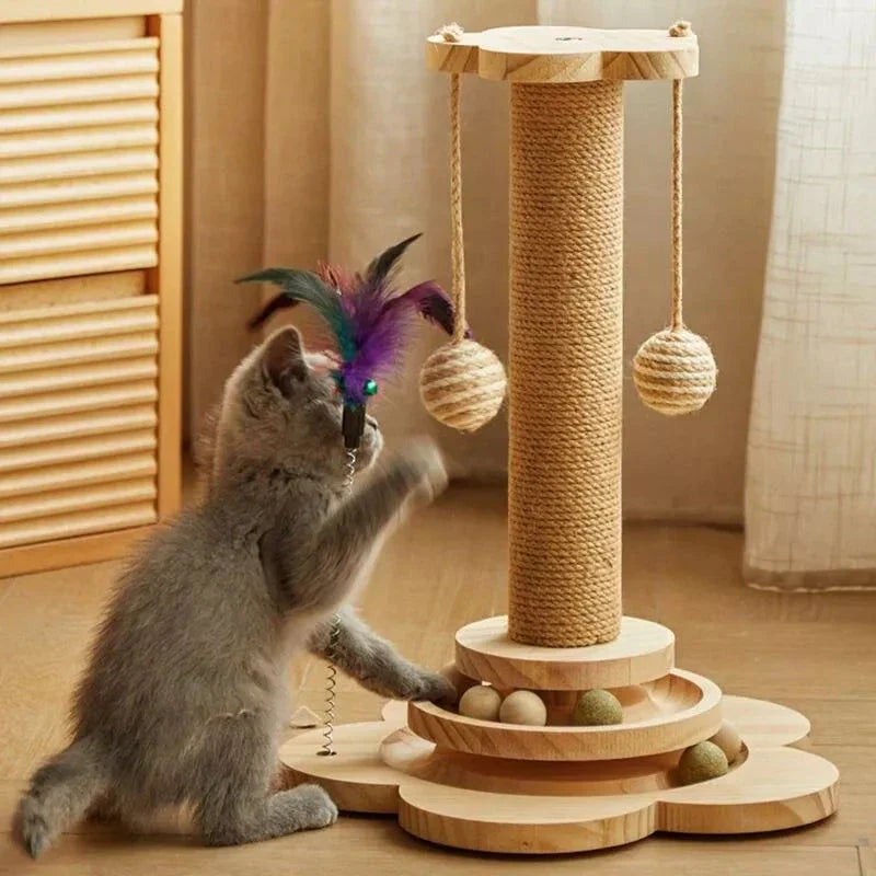 Premium pine wood cat scratcher tower with interactive turntable balls for feline playtime and activity