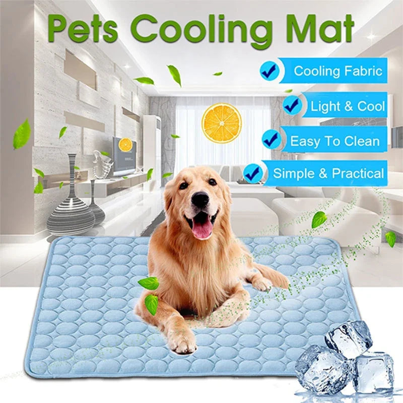 A stylish pet cooling pad featuring a blue ice silk surface and a breathable mesh backing, designed to keep pets cool and comfortable during hot summer days.