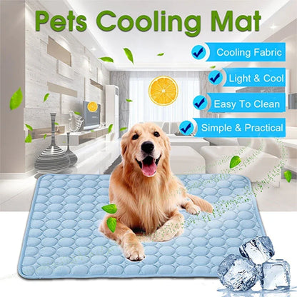 A stylish pet cooling pad featuring a blue ice silk surface and a breathable mesh backing, designed to keep pets cool and comfortable during hot summer days.