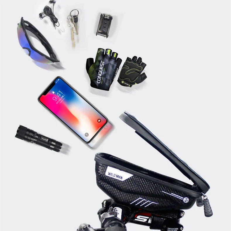 Stylish and practical bicycle handlebar bag with reflective accents for secure storage of essentials during cycling rides