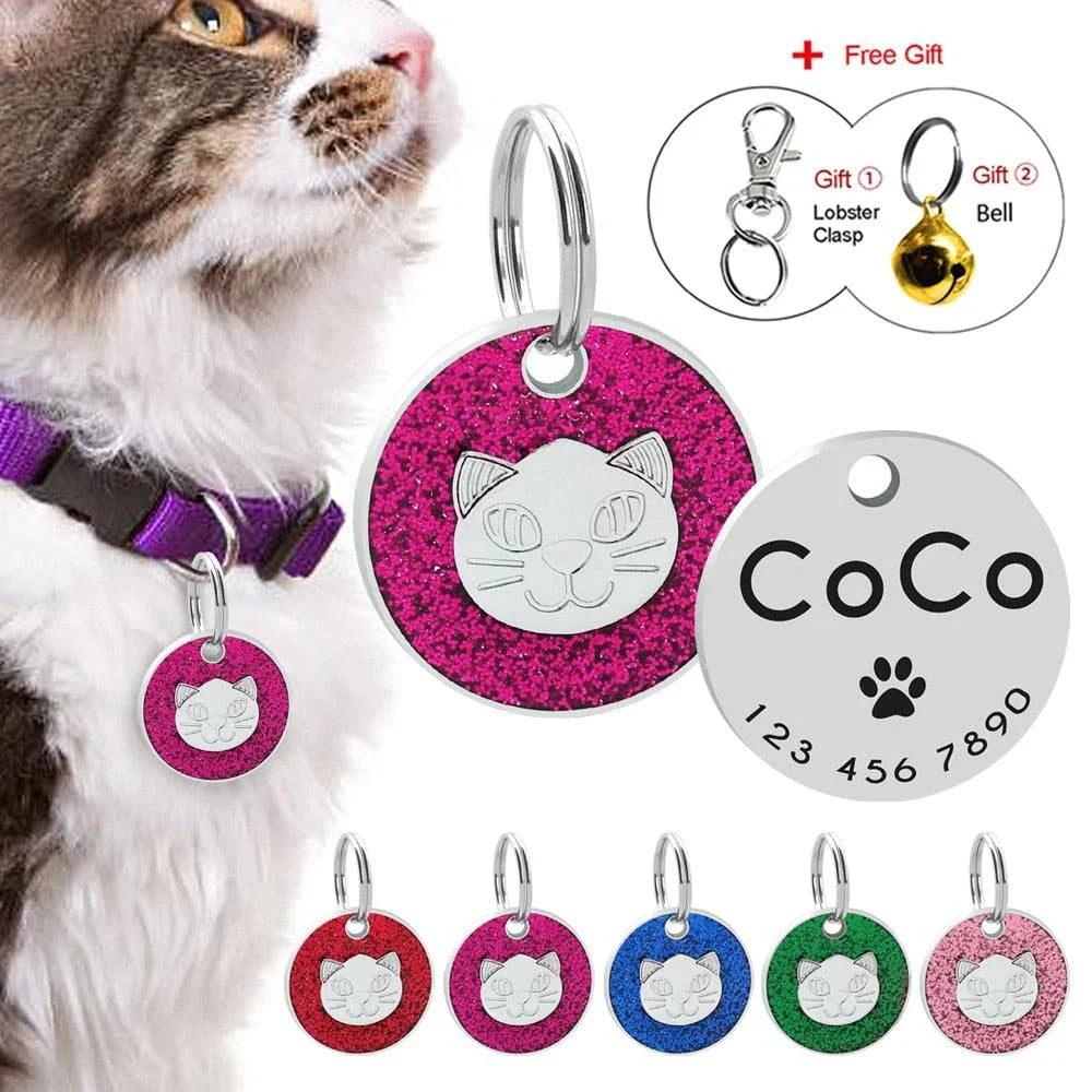 Premium stainless steel ID tag with engraved glitter design and customisable text