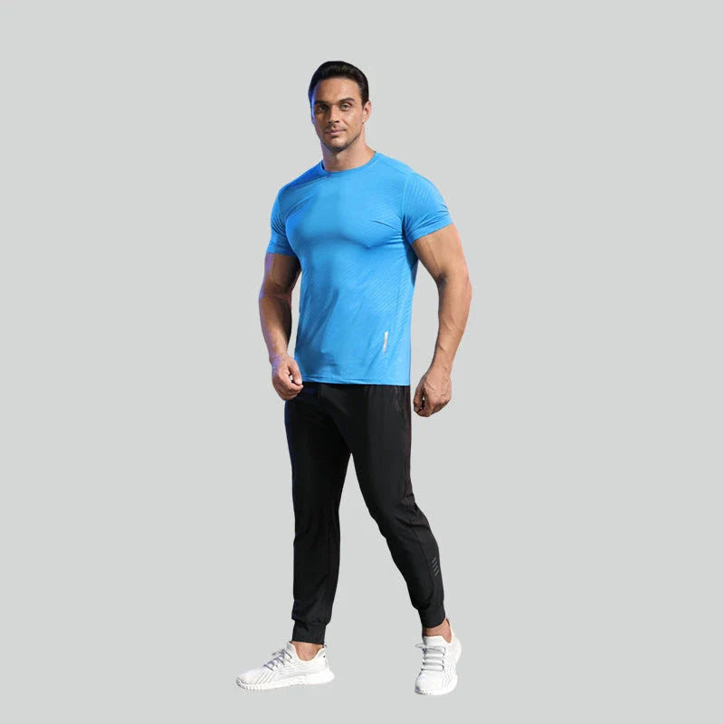 Men's summer sports t-shirt in black, white, grey, navy, and lake blue colours with quick-drying, breathable, and UV-protective features