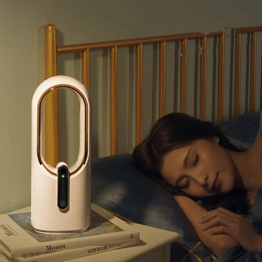 Compact, portable electric fan in off-white colour for student dormitories and small living spaces