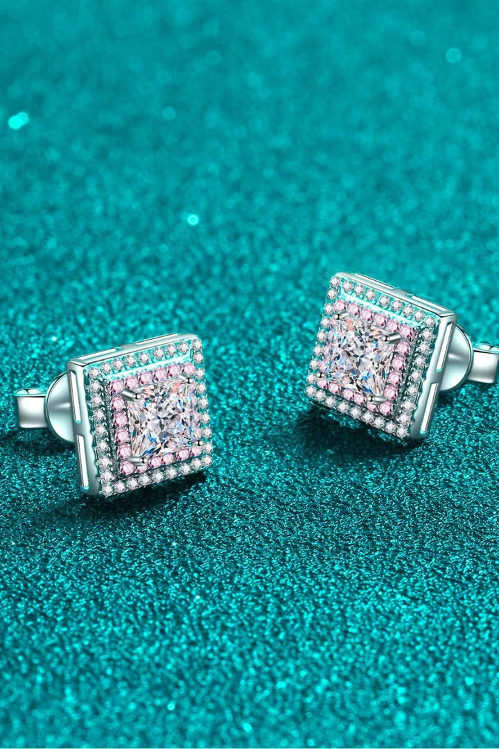 Moissanite square stud earrings in 925 sterling silver with platinum plating