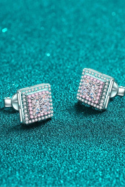 Moissanite square stud earrings in 925 sterling silver with platinum plating