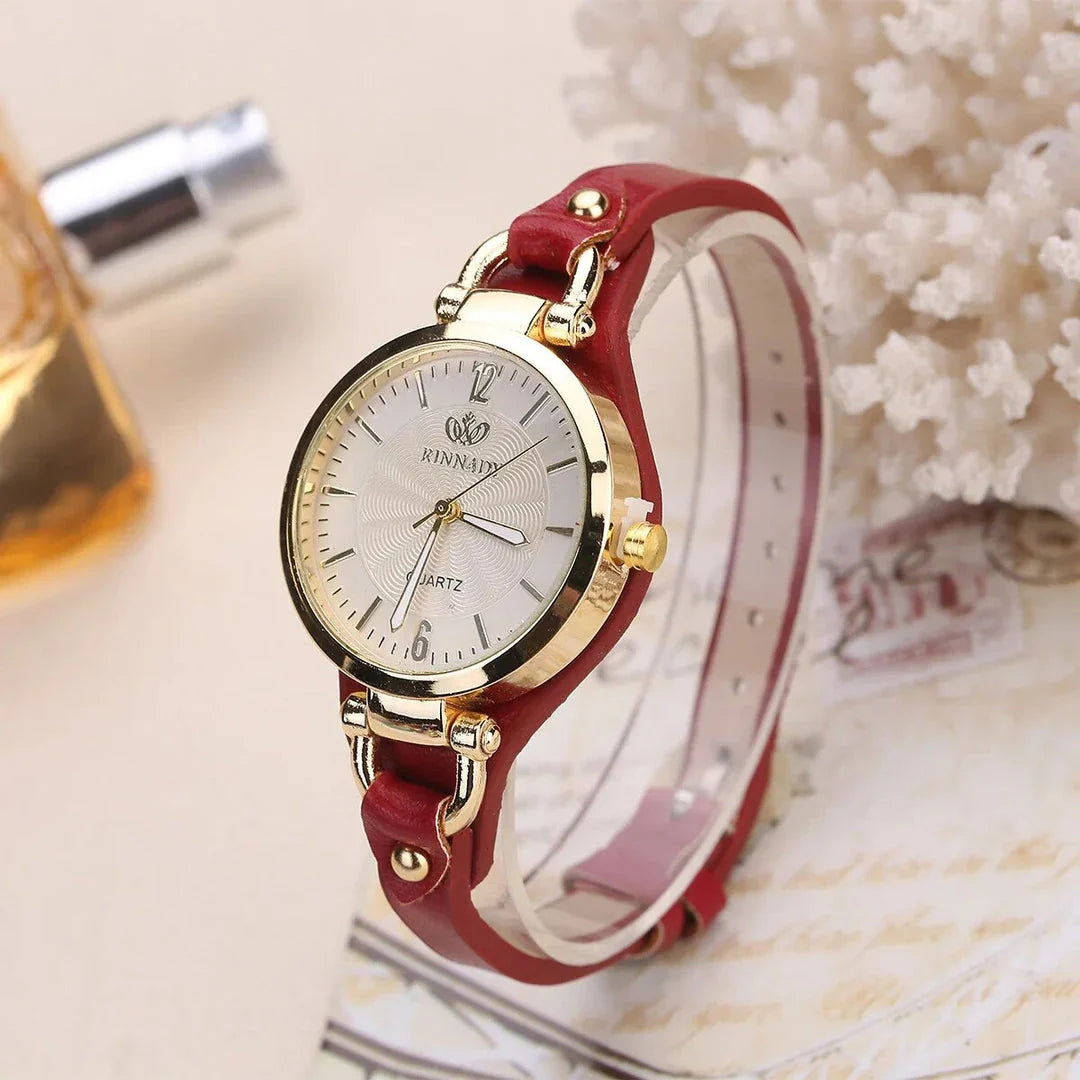 Elegant leather strap quartz watch with a sleek alloy case and durable glass dial for everyday elegance