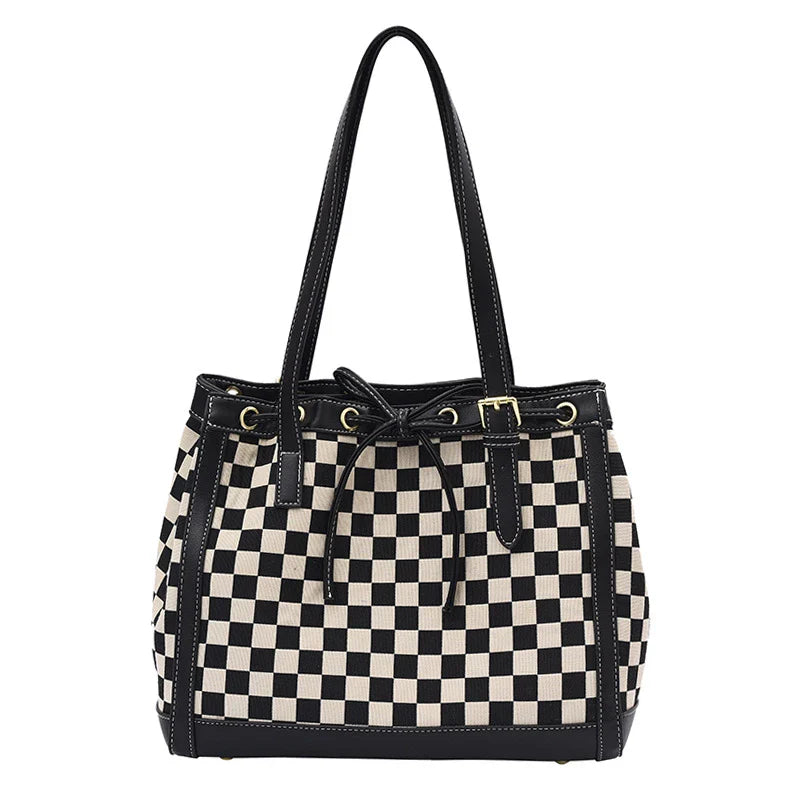Stylish contrast colour tote bag with chic checkerboard design, made from premium PU leather for durability and versatility