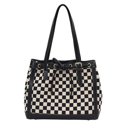 Stylish contrast colour tote bag with chic checkerboard design, made from premium PU leather for durability and versatility
