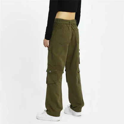 Army green cargo trousers with multiple pockets and a straight fit for a classic, versatile look