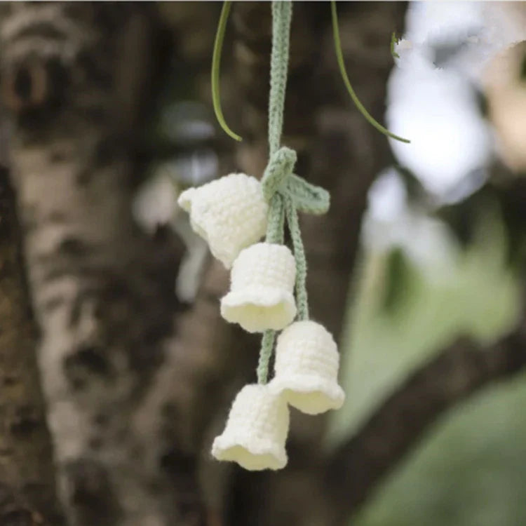 Charming knitted car plant decor with hanging white rope and green and white colour scheme