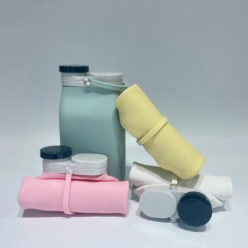 Compact and stylish folding cup made of soft silicone, available in various colours, perfect for on-the-go refreshment