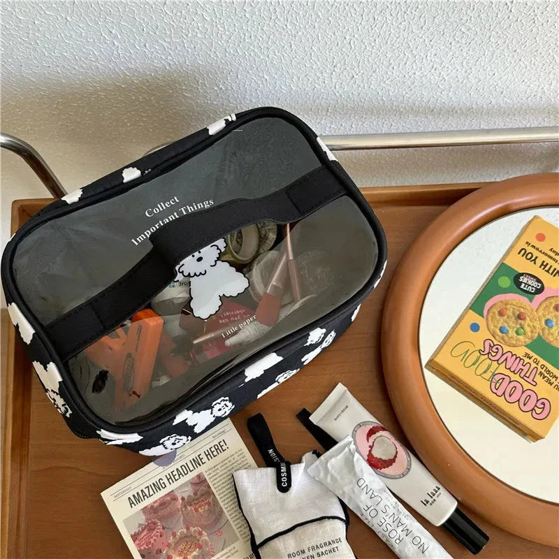 Charming dog print makeup bag with large capacity and secure zipper closure for organised storage of beauty essentials