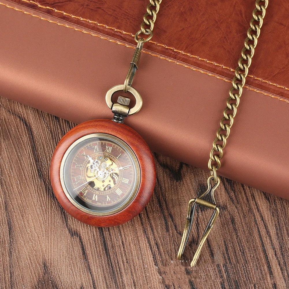 Elegant mahogany texture dial automatic mechanical wooden pocket watch with golden Roman numerals and alloy construction