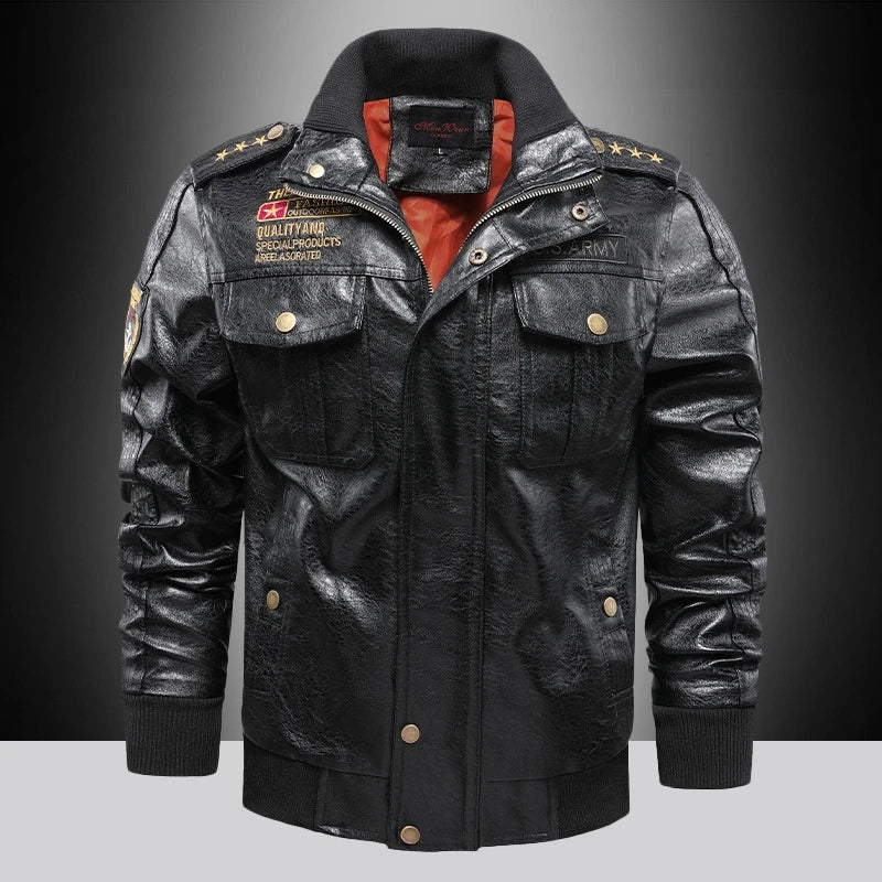 Premium leather jacket for men in slim-fit and short style with stand-up collar and multiple pockets