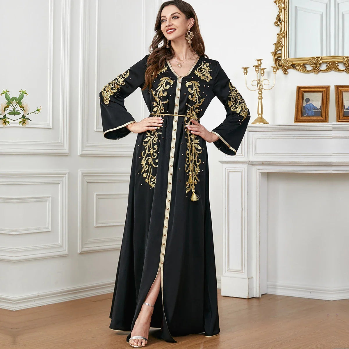 Elegant long-sleeve dress with floral embroidery in a sophisticated sapphire blue colour, suitable for British women