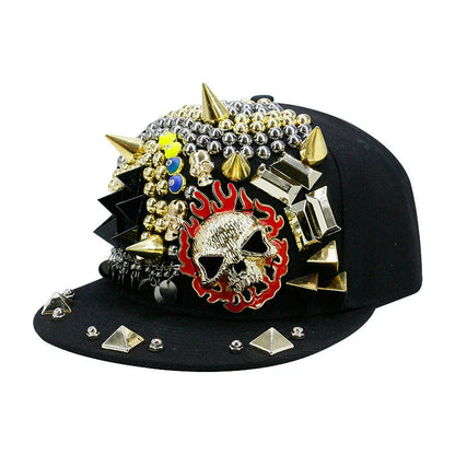 Stylish Ghost Head Baseball Cap with Rivets - Adjustable, Flat Brim, Premium Cotton-Polyester Blend