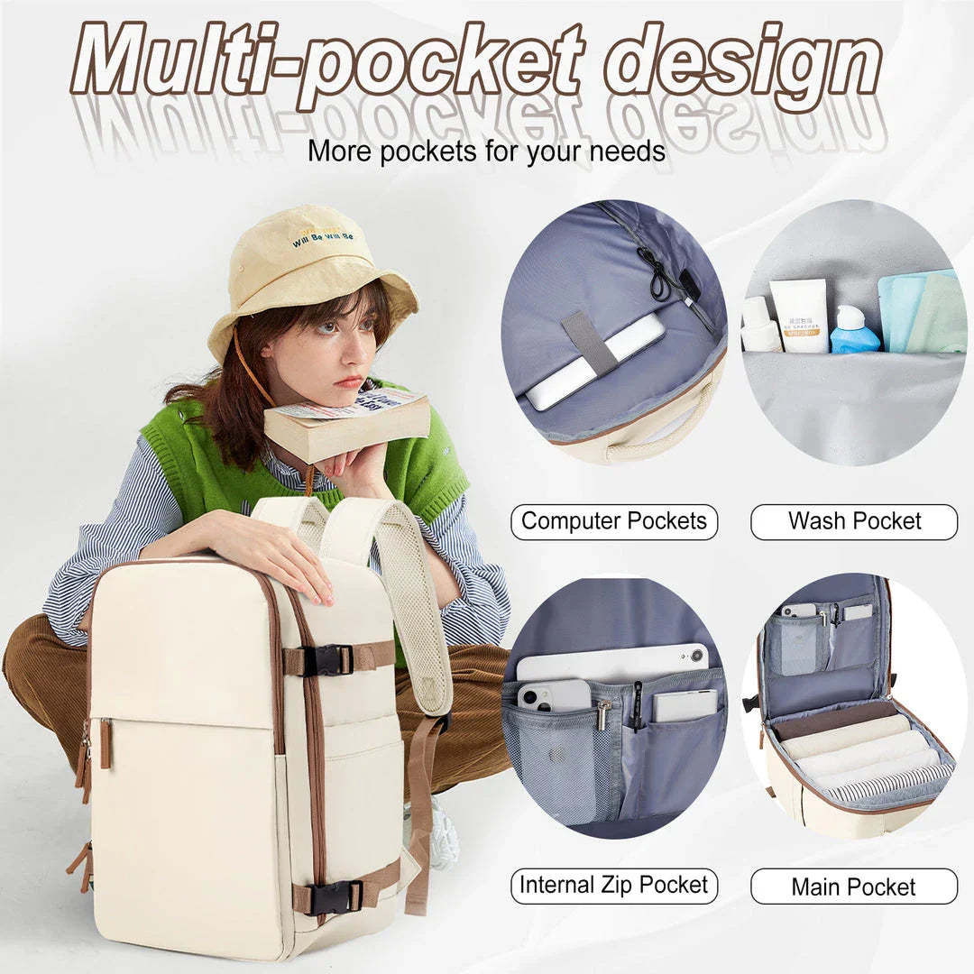 A durable and spacious travel backpack with multiple compartments and padded shoulder straps, suitable for British adventurers and commuters.