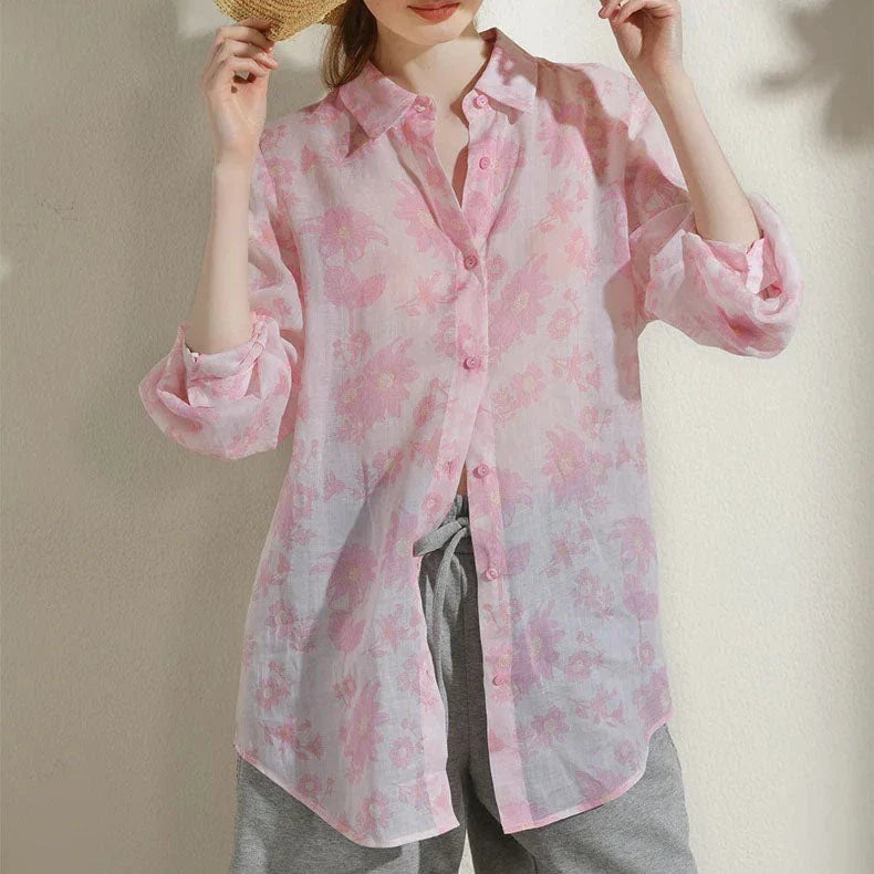 Elegant floral print ramie blouse for professional women in the UK