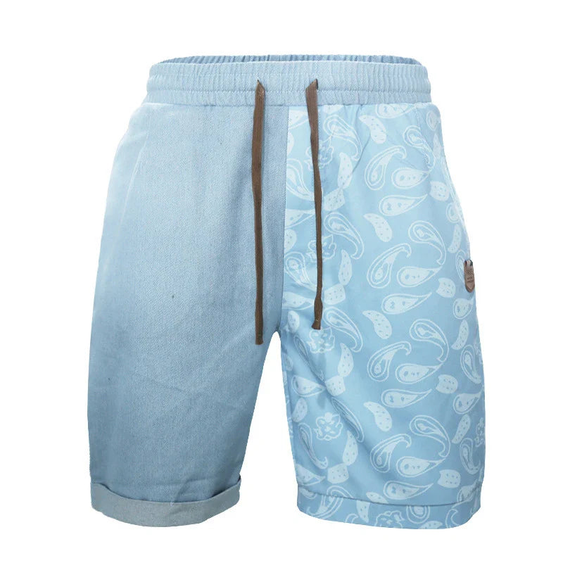 Relaxed-fit sports shorts in light blue and denim blue mosaic patterns, designed for casual everyday wear