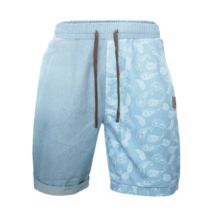 Relaxed-fit sports shorts in light blue and denim blue mosaic patterns, designed for casual everyday wear