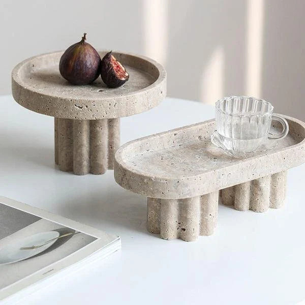 Elegant natural travertine marble serving tray with wooden legs, showcasing unique patterns and a smooth, hand-polished surface for serving, organising, and displaying.