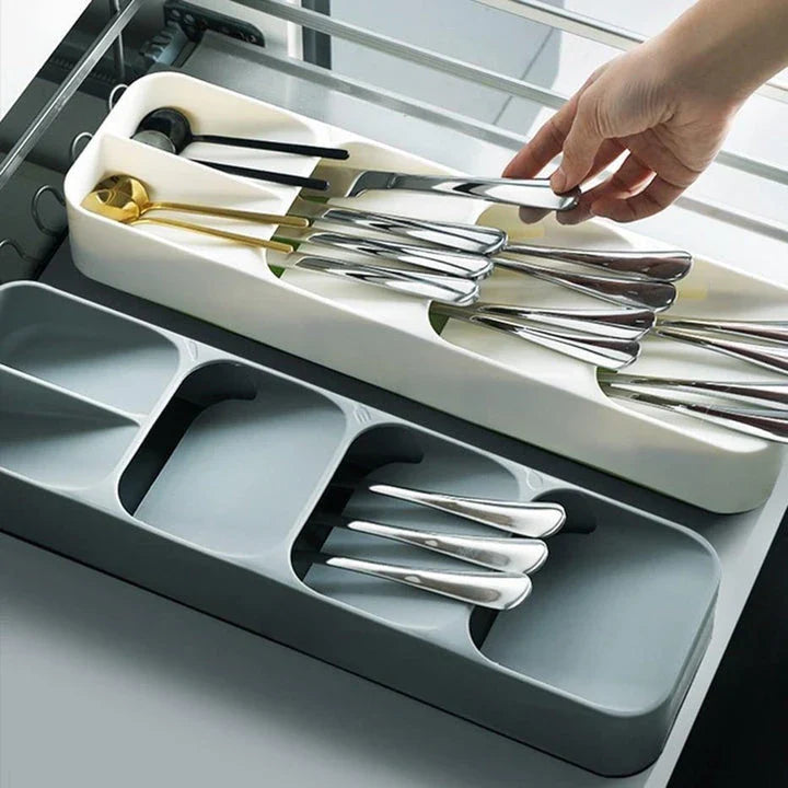 Premium food-grade kitchen cabinet organiser with adjustable trays and compartments for efficient storage of cutlery, spices, and cooking essentials