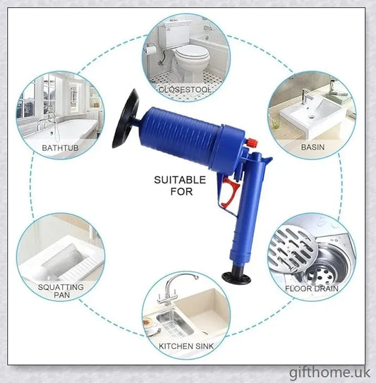 The Air Drain Blaster, a high-powered tool that uses compressed air to quickly unclog sinks, tubs, and toilets without harmful chemicals.