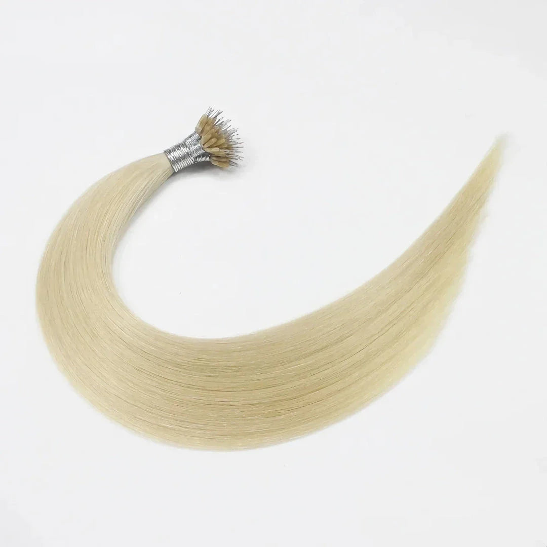 Premium Keratin U-Tip Hair Extensions in Cold Blonde, providing natural-looking length and volume