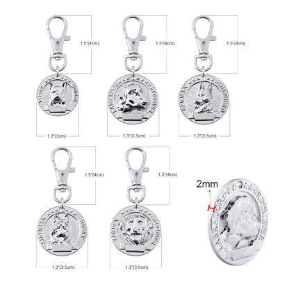 A premium silver dog ID tag with a customized engraved design, providing both style and practical functionality for your beloved canine companion.