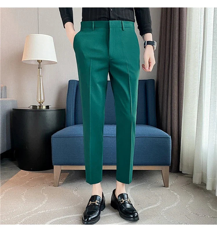 Premium men's suit trousers in a variety of colours, featuring a subtle textured drape and exceptional stretch for all-day comfort and style.