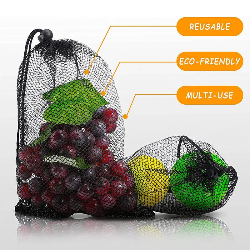 Multipurpose nylon mesh drawstring storage bag in two sizes for organising sports gear, laundry, and more