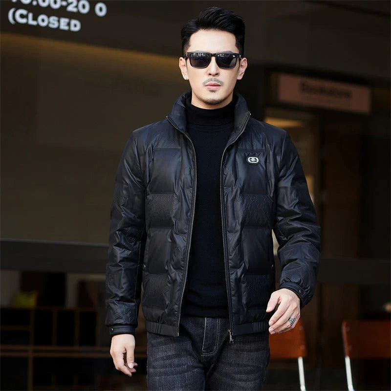 Warm and weatherproof men's down jacket with stand collar and knitted sleeves, made from premium polyester fibre and filled with luxurious duck down